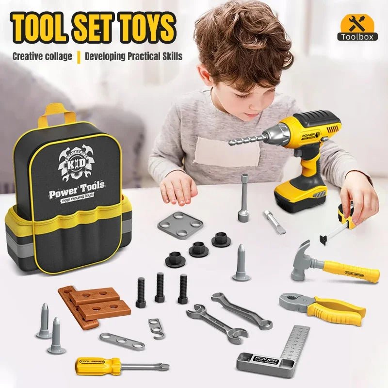 A child is using a yellow power tool set for creative play, surrounded by various tools and accessories.