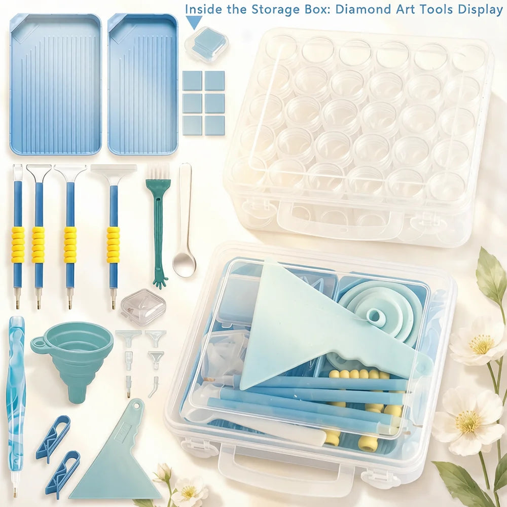 A clear storage box filled with diamond art tools including dotting pens, trays, and a funnel.