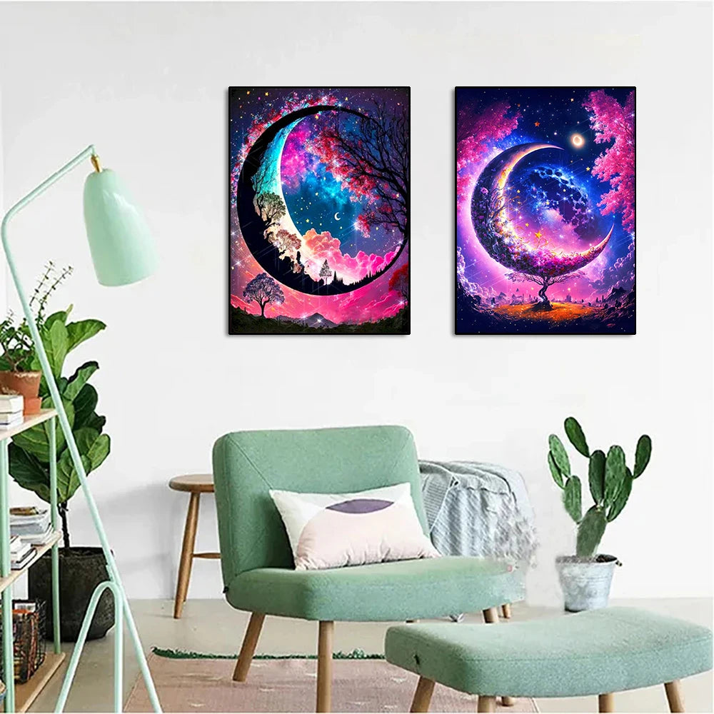 A framed diamond painting featuring a moonlit tree landscape with vibrant purple and pink colors.