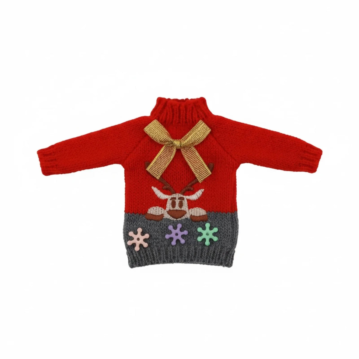 Roter Strickpullover mit goldener Schleife und grauen Akzenten, mit gesticktem Reindesign.