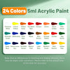 A palette showing 24 colors of 5ml acrylic paint including Titanium White, Lemon Yellow, Vermilion Red, and various shades of