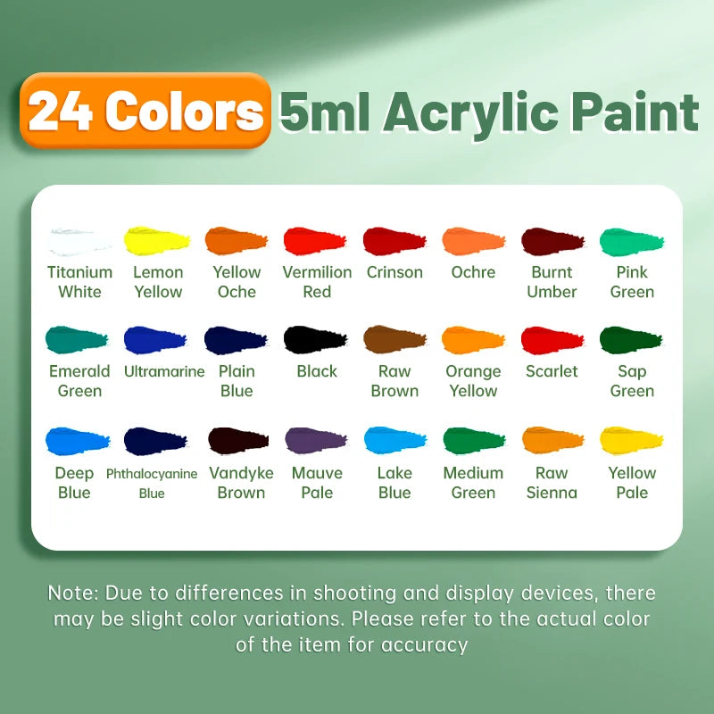 A palette showing 24 colors of 5ml acrylic paint including Titanium White, Lemon Yellow, Vermilion Red, and various shades of