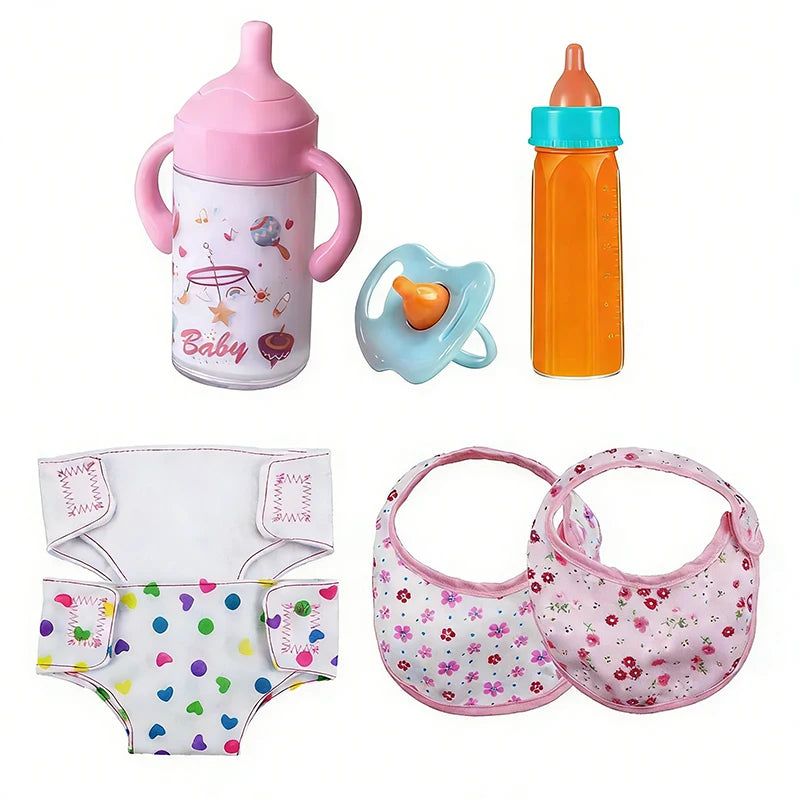 A set of baby feeding and care accessories including a pink sippy cup, an orange bottle, and pink floral baby diapers.