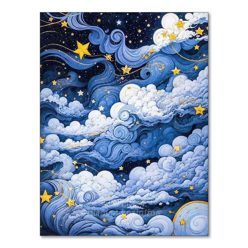A painting kit depicting a night starry sky scenery with swirling blue clouds and yellow stars.