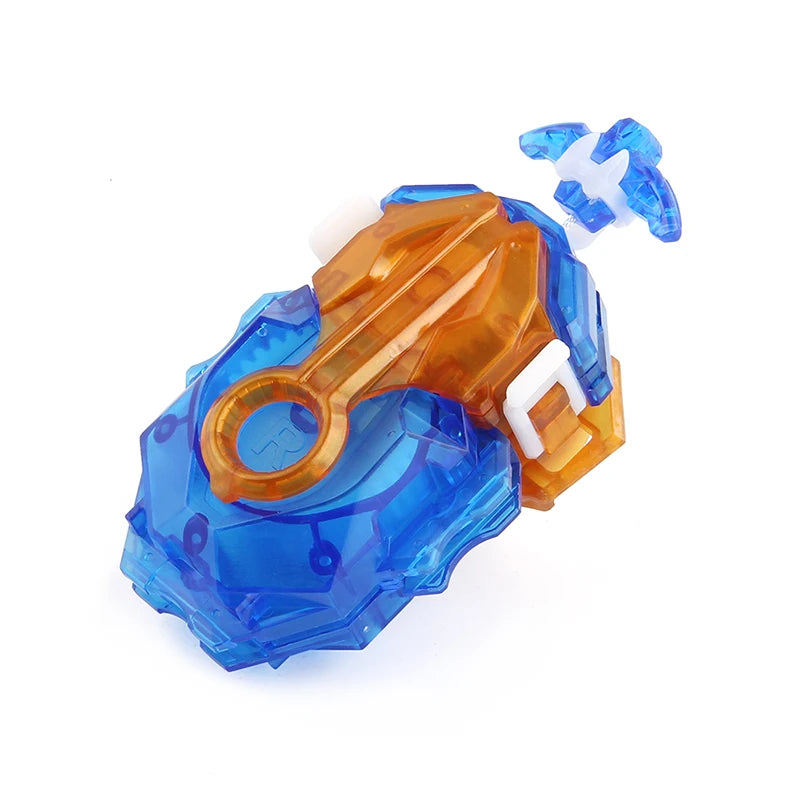 A blue and orange metal spinning top battle set with a string launcher.