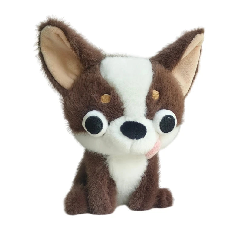 A brown and white Chihuahua plush doll with its tongue sticking out.