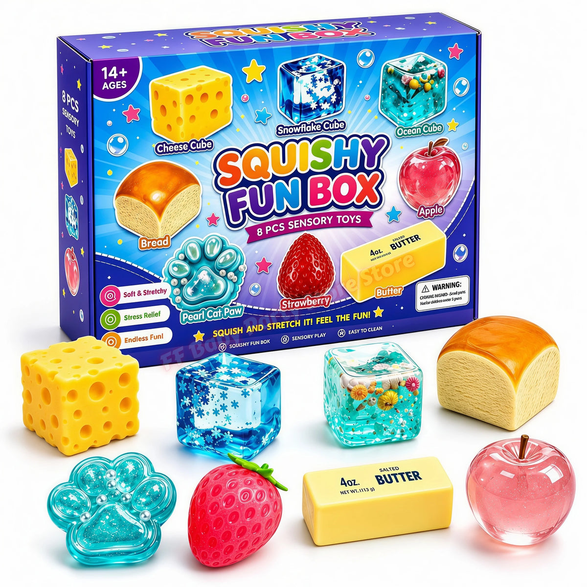 A box of Squishy Fun Box featuring cheese, snowflake, and ocean cube toys, along with loose squishy items like butter and app