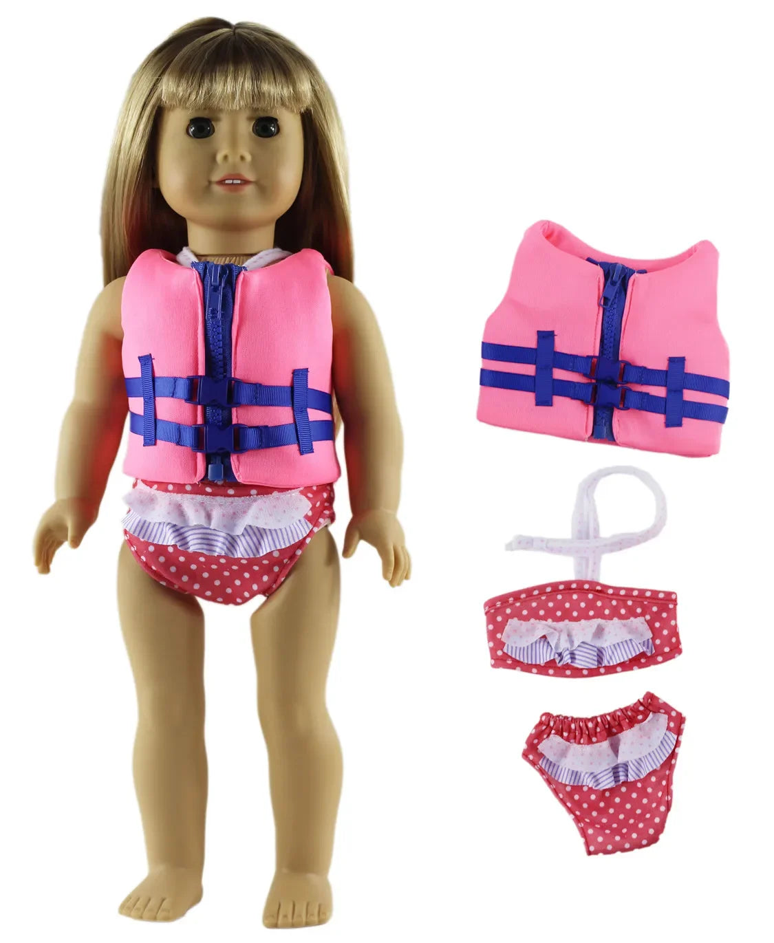 A doll wearing a pink and blue casual outfit set consisting of a vest, shorts, and a headband.