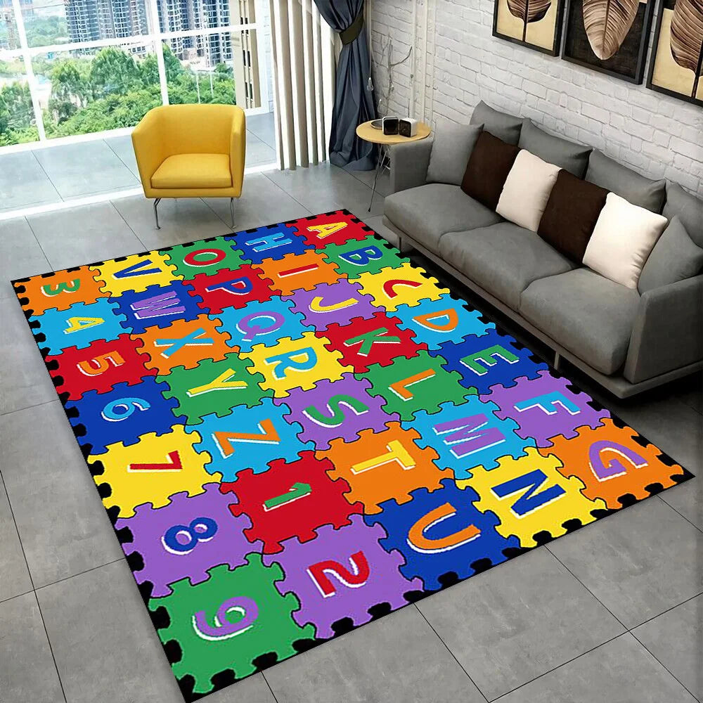 A colorful alphabet rug featuring puzzle pieces spelling ABC across a gray floor in a bright room.