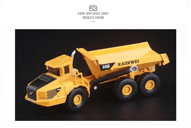A yellow 1:87 scale diecast model of a Kaiwei A40D articulated dump truck.