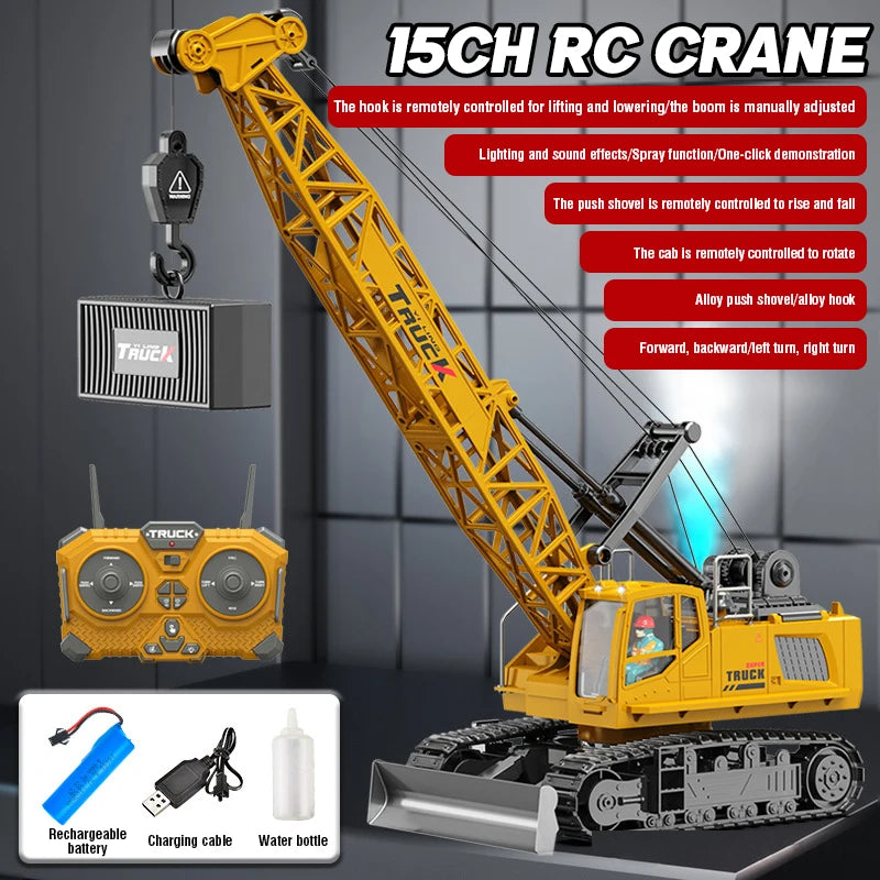 A yellow 15 inch RC crane truck with a boom and hook is shown, along with a remote control transmitter and battery.