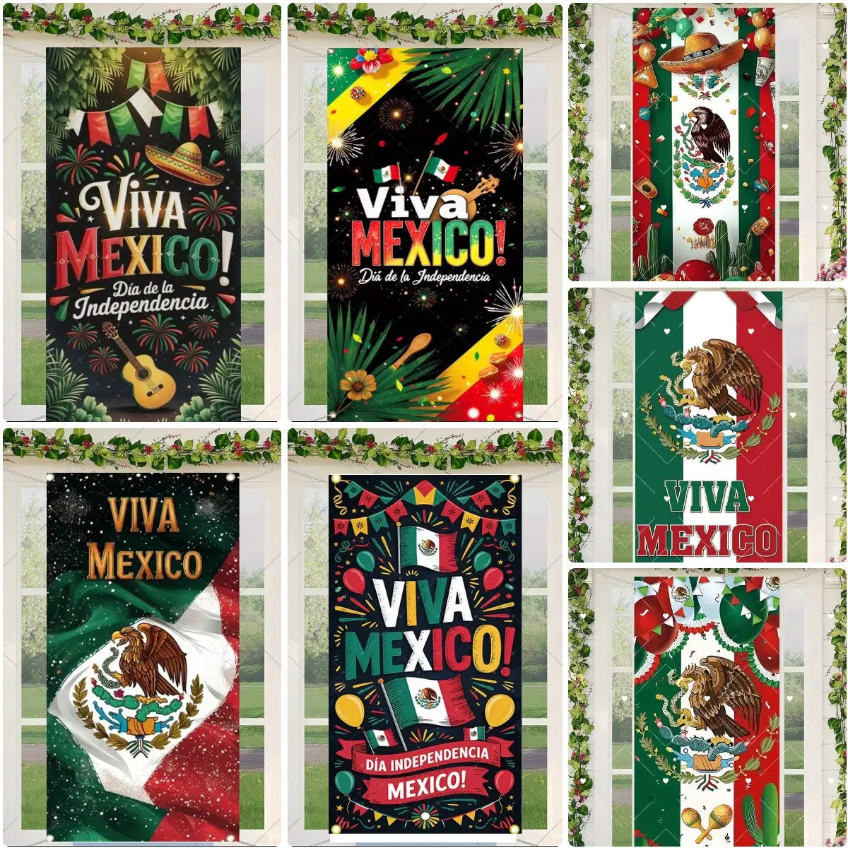 A collection of nine decorative door covers featuring Mexican flag and eagle designs in various colors and styles.