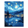 A diamond painting depicting a night sky scene with mountains, water reflections, and city lights under stars.