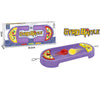 A box and purple spinning top game called Gyro Battle with pull strings and yellow spinning tops.