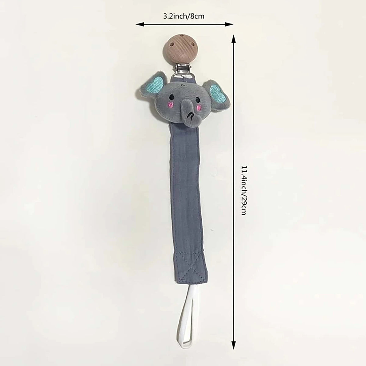 A gray elephant pacifier holder with a clip and a silicone nipple, shown against a white background.