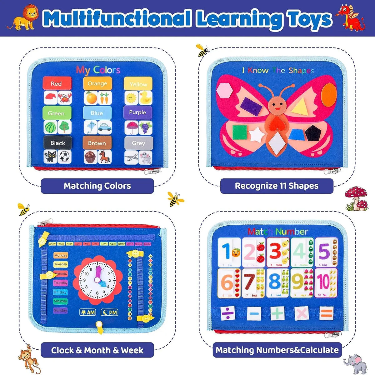 A colorful Montessori busy board for toddlers featuring matching colors, shapes, and numbers for sensory learning.