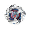 A silver metal spinning top with a clear blue center and intricate geometric design.