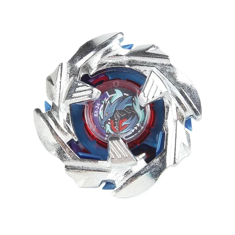 A silver metal spinning top with a clear blue center and intricate geometric design.