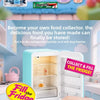 A miniature fridge playset is shown with various food capsules and a hand preparing to fill the fridge.