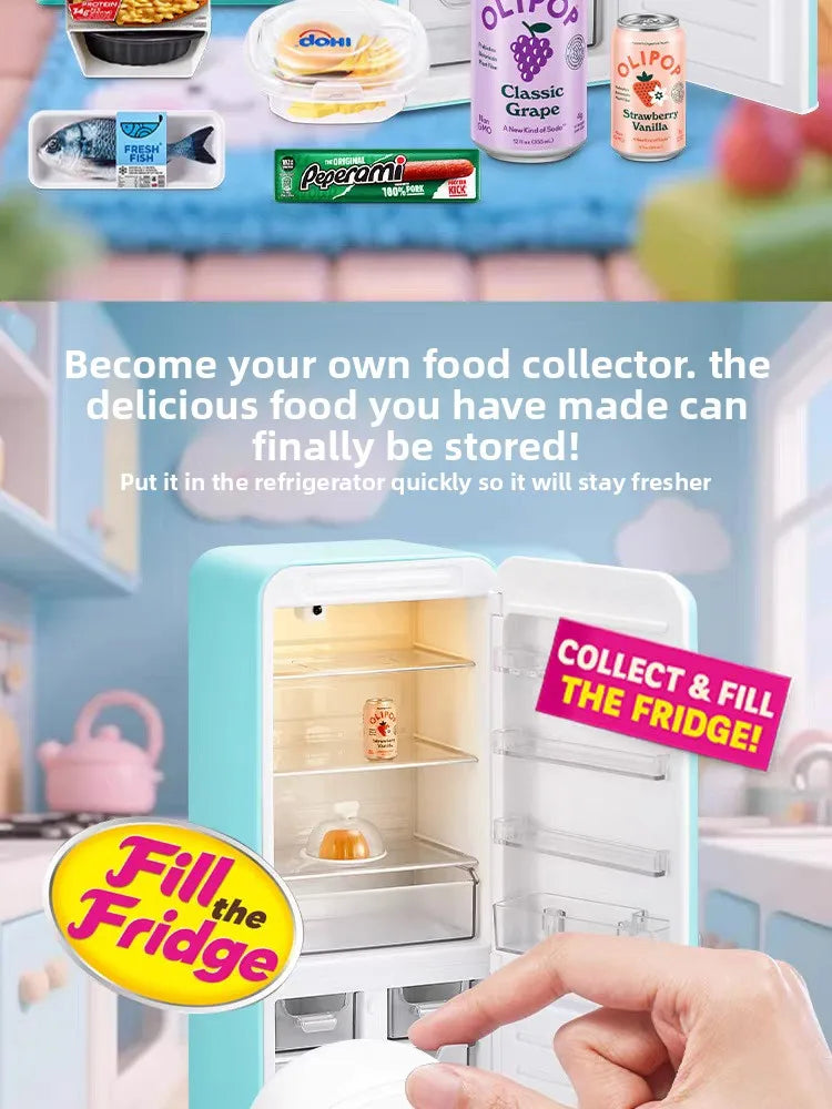 A miniature fridge playset is shown with various food capsules and a hand preparing to fill the fridge.