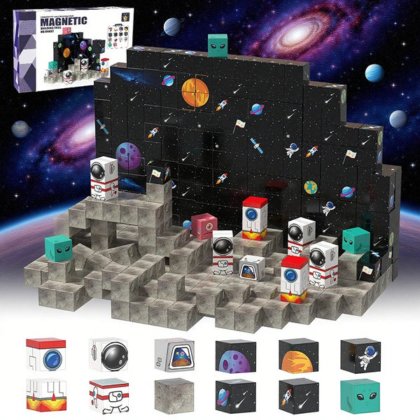 A set of magnetic building blocks in various colors and shapes arranged on a rocky terrain against a starry space background.