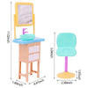 A mini dollhouse cleaning and medical accessory set featuring a yellow mirror, pink stand, blue bowl, and light blue chair.