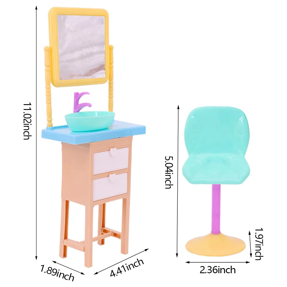 A mini dollhouse cleaning and medical accessory set featuring a yellow mirror, pink stand, blue bowl, and light blue chair.