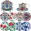 Diamond art coasters featuring floral and geometric patterns in various colors