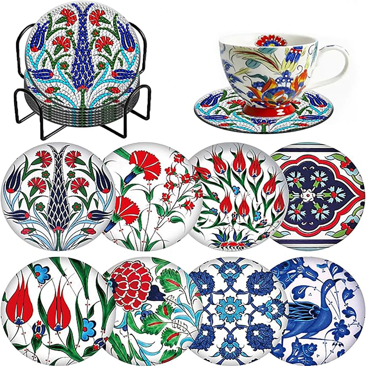 Diamond art coasters featuring floral and geometric patterns in various colors