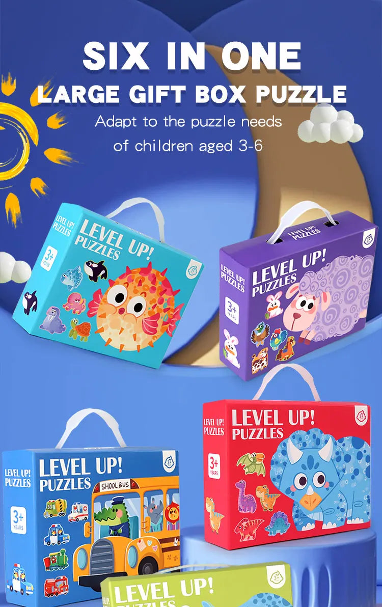 A set of six in one large gift box puzzle featuring various wooden animal jigsaw puzzles for children aged 3 to 6.