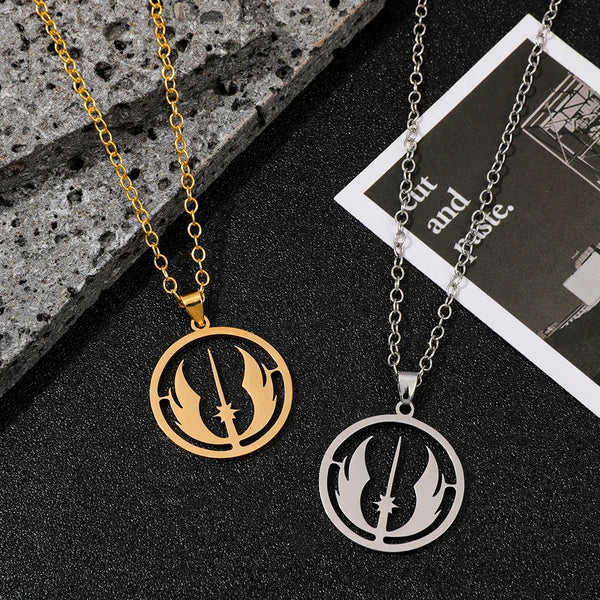 A pair of gold and silver stainless steel necklaces featuring a stylized Jedi symbol on circular pendants.