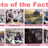 A collage showing various aspects of a factory including processing, teams, and quality control of pre-looped passion twist c