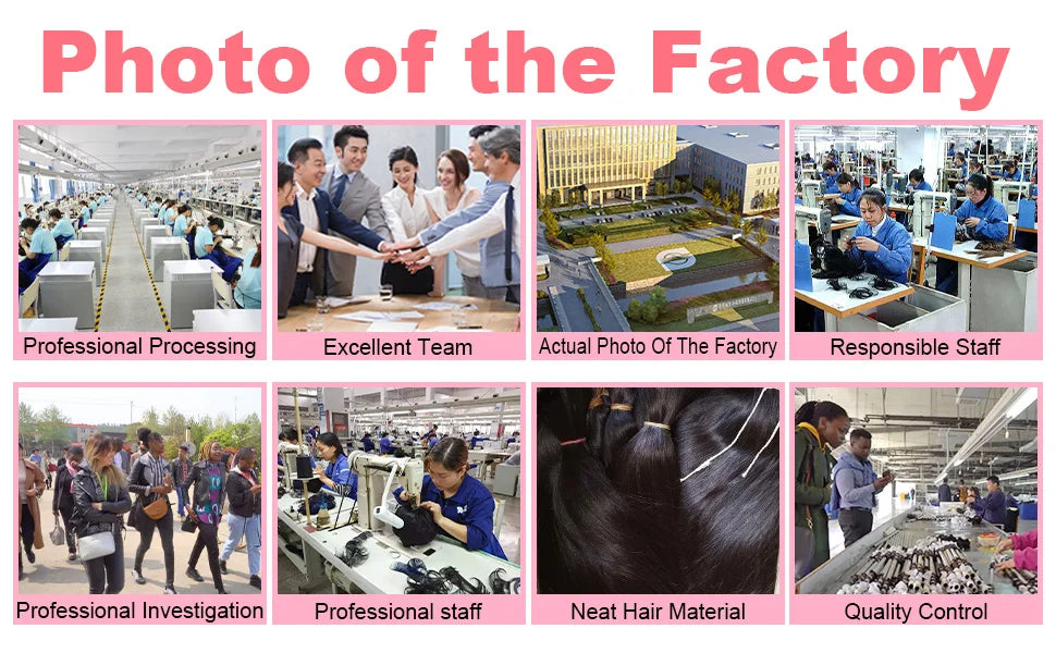 A collage showing various aspects of a factory including processing, teams, and quality control of pre-looped passion twist c