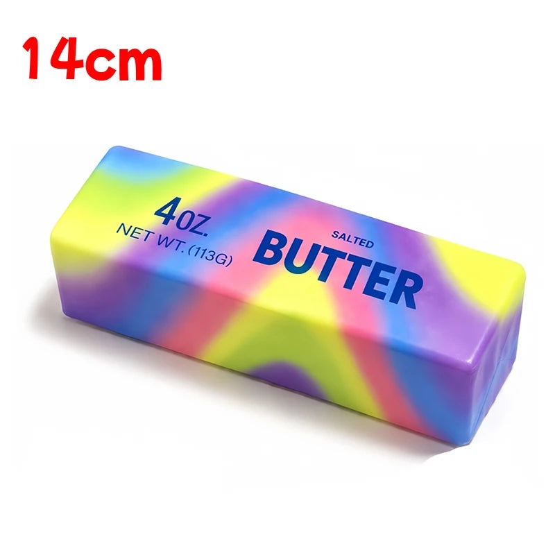 A rectangular, colorful butter stick fidget toy with a 14cm dimension.