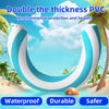 A white and blue striped U-shaped inflatable pool float is shown against a tropical beach background.