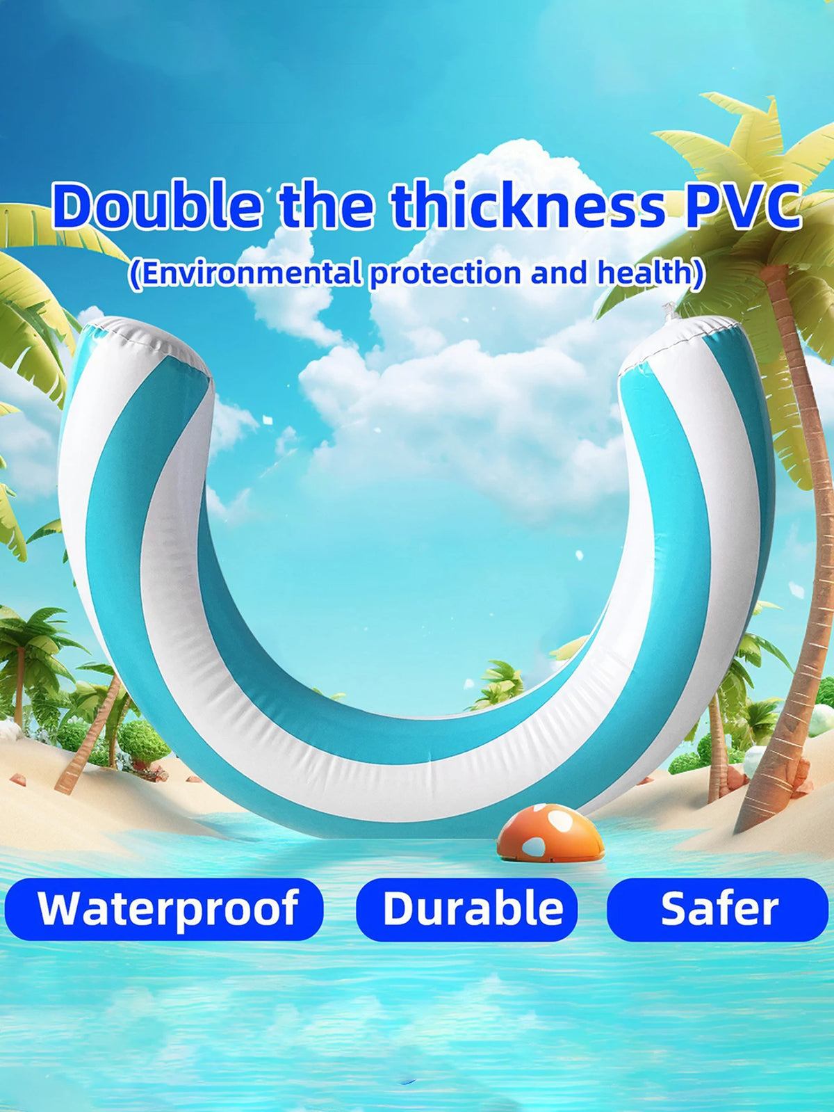 A white and blue striped U-shaped inflatable pool float is shown against a tropical beach background.