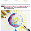A set of bright colored painting pigments in tubes being used to create a colorful sunburst design.
