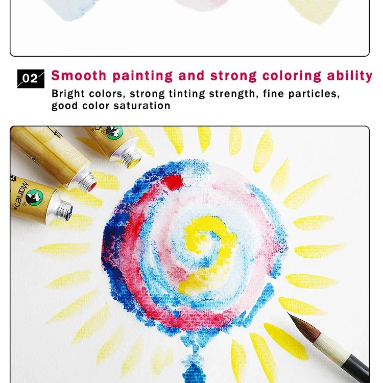 A set of bright colored painting pigments in tubes being used to create a colorful sunburst design.