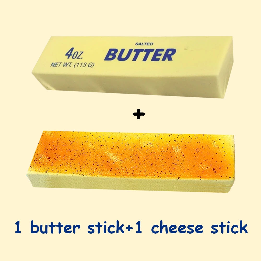 A butter stick and a cheese stick are shown next to a butter block.