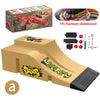 A finger skateboard park set featuring a wooden ramp, rails, and various skateboard parts.