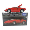A red Tomica Lamborghini Countach LP 400 die-cast model car displayed on its packaging.