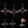 Three views of a metal fidget spinner showing its smooth, iridescent finish and design.