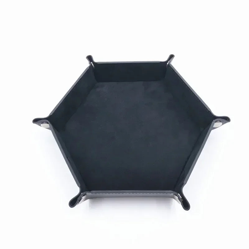 A black hexagonal folding PU leather dice tray.