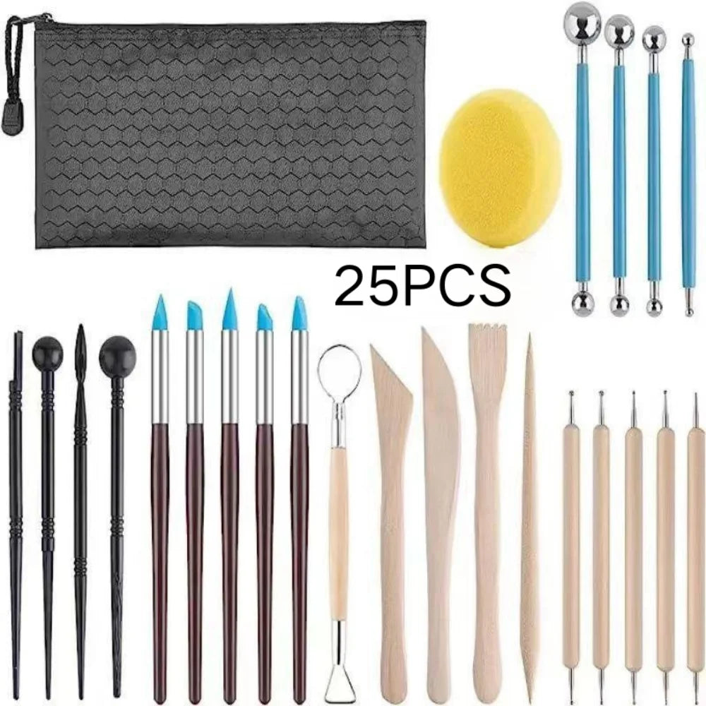A set of 25 pottery and clay carving tools including various sculpting and shaping implements.
