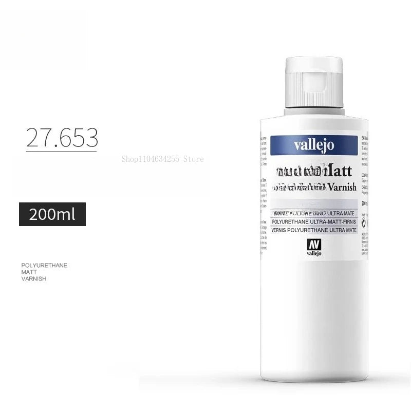 Bottle of Vallejo Quick-Dry Water-Based Model Protective Varnish with a white cap and label