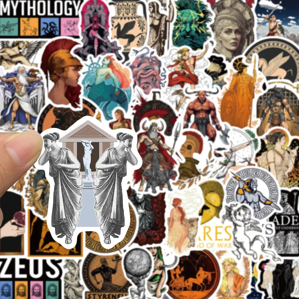 A collection of vintage Greek mythology aesthetic stickers featuring gods, goddesses, and mythological scenes.