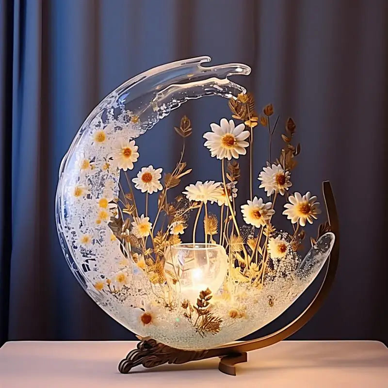 A clear resin moon shape filled with dried flowers and a glowing candle.