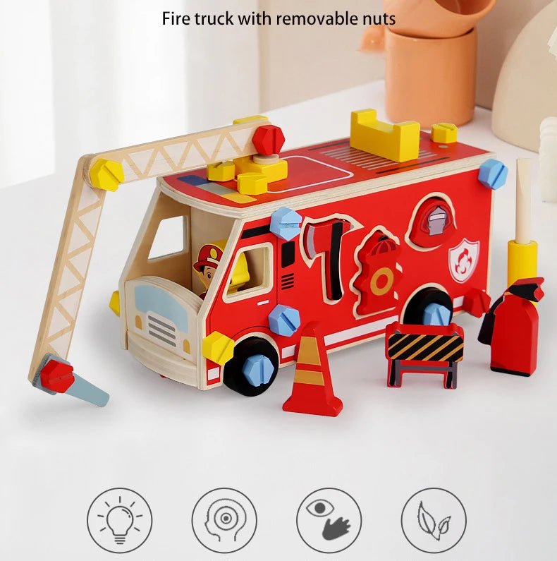 A red fire truck wooden toy with removable nuts and building pieces on a white surface.