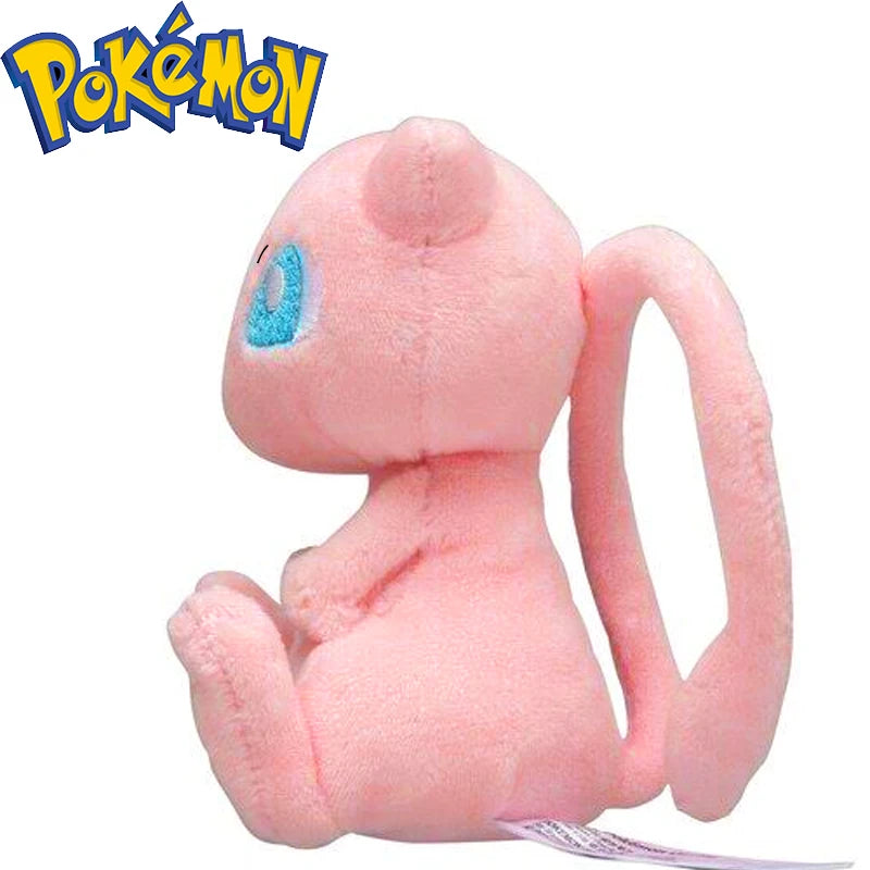 A pink plush doll of Eevee sitting down with a long tail and blue eyes.