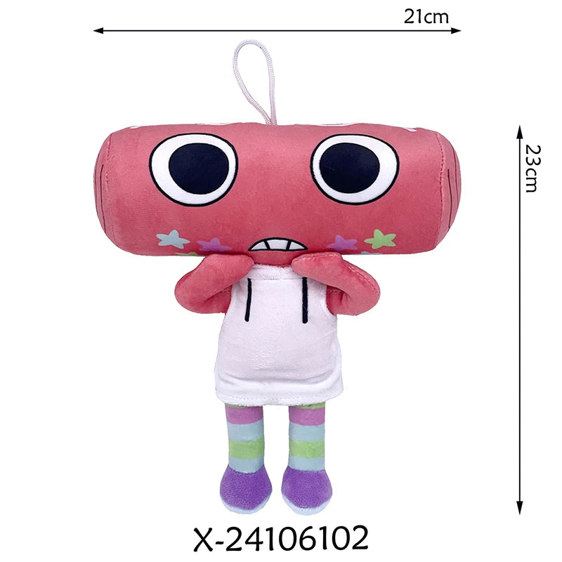 A pink stuffed pet with large black eyes and a white outfit and striped legs.